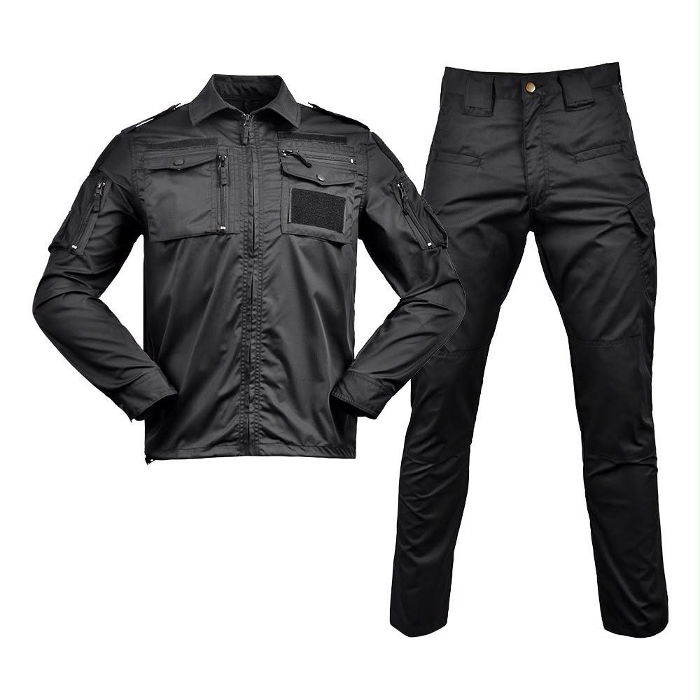 Black tactical uniform set consisting of a long-sleeve multi-pocket zip jacket and matching cargo trousers.