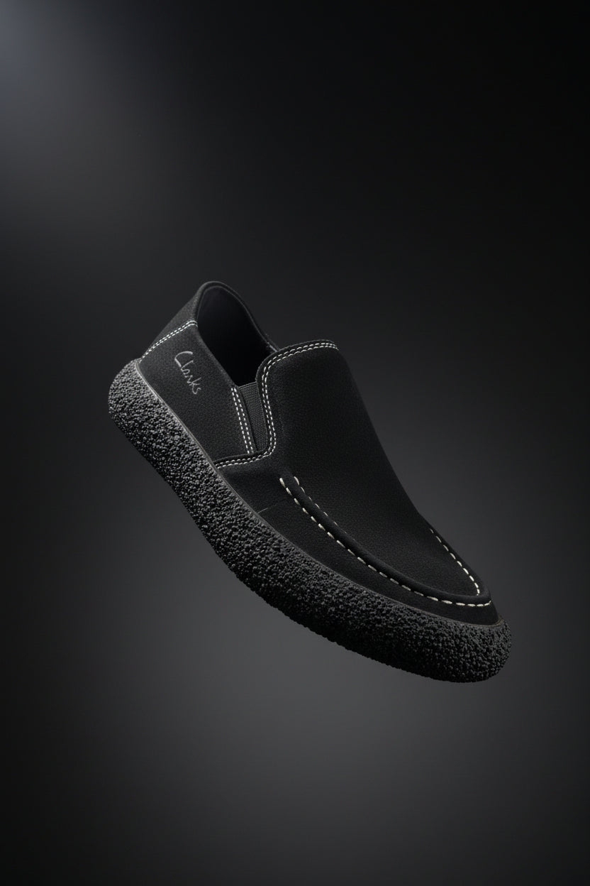 Black suede Clarks slip-on casual shoe
