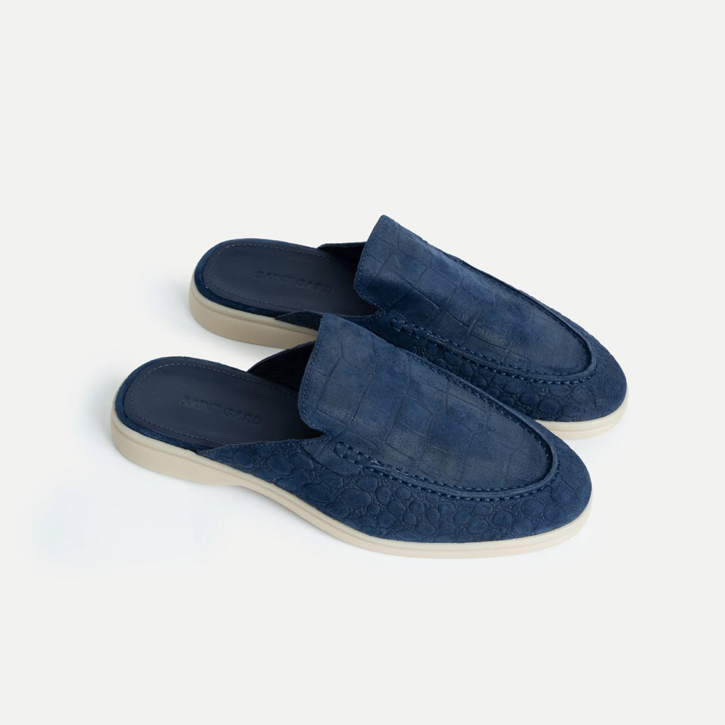 Navy blue embossed-texture loafer mules