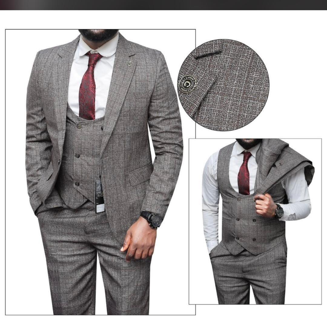 Stylish grey plaid three-piece suit
