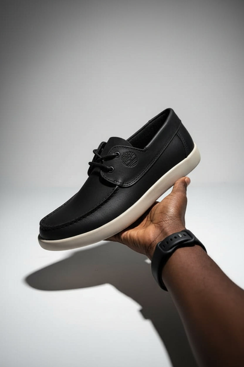 Black leather Timberland casual moccasin shoe