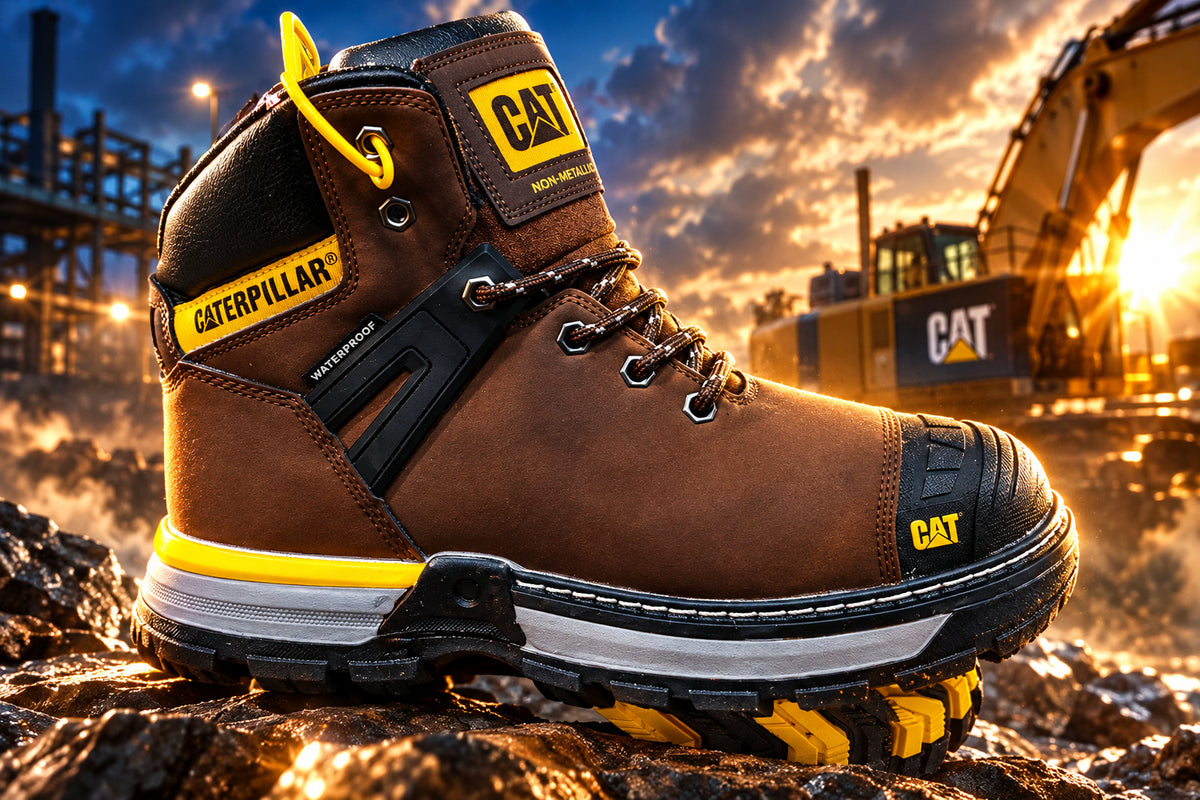 Brown and black Caterpillar Excavator Superlite Waterproof Work Boots