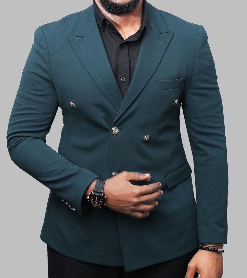 Dark green, double-breasted slim-fit blazer