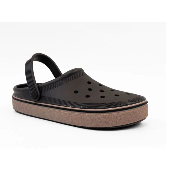 Brown platform-style rubber clogs