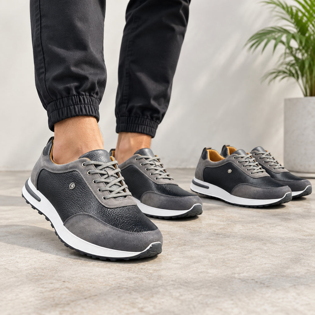 Black-and-grey textured casual leather sneakers