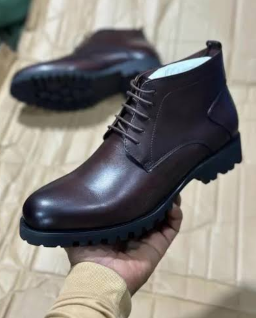 Brown leather lace-up casual ankle boots