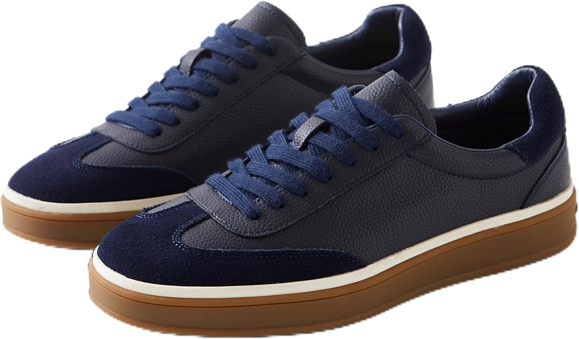 Dark blue or navy low-top casual leather and suede sneakers