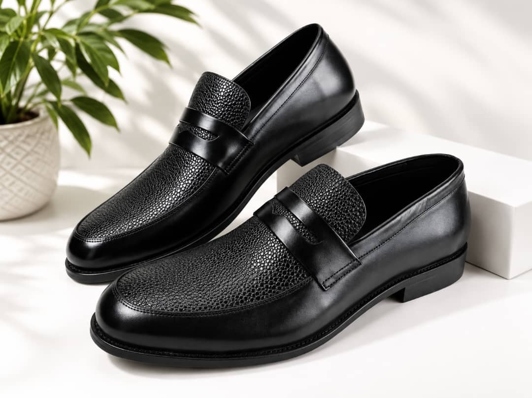 Black leather slip-on penny loafers