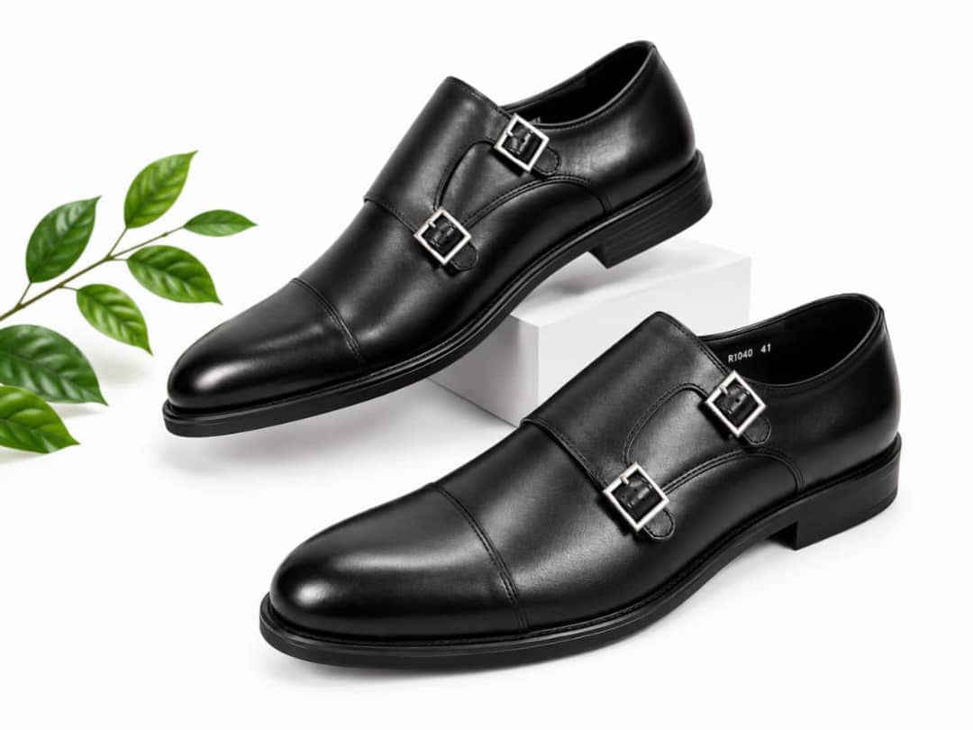 Black, cap-toe double monk strap leather