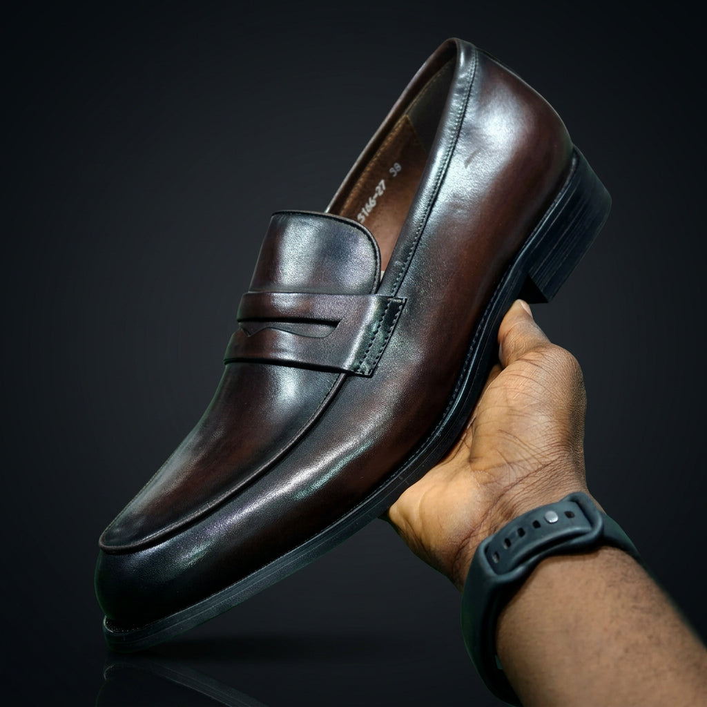 Brown burnished leather penny loafers