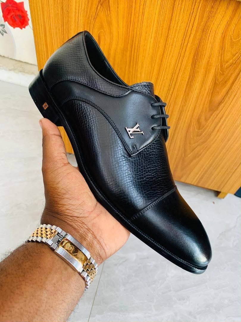 Black leather derby dress shoes