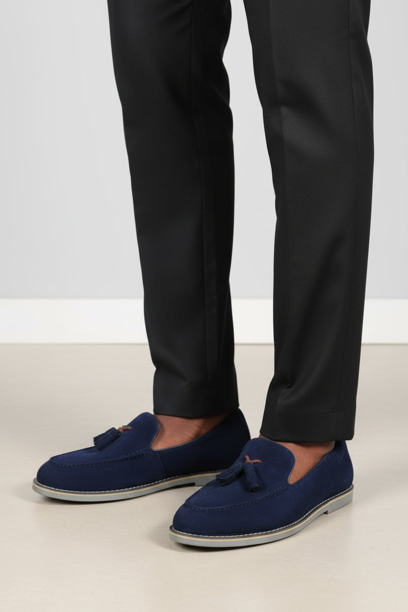 Men's navy blue suede tassel loafers
