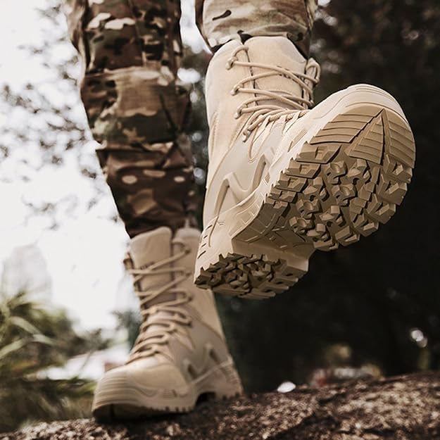 AS33 tactical boots featuring a desert khaki color and reinforced toe design.