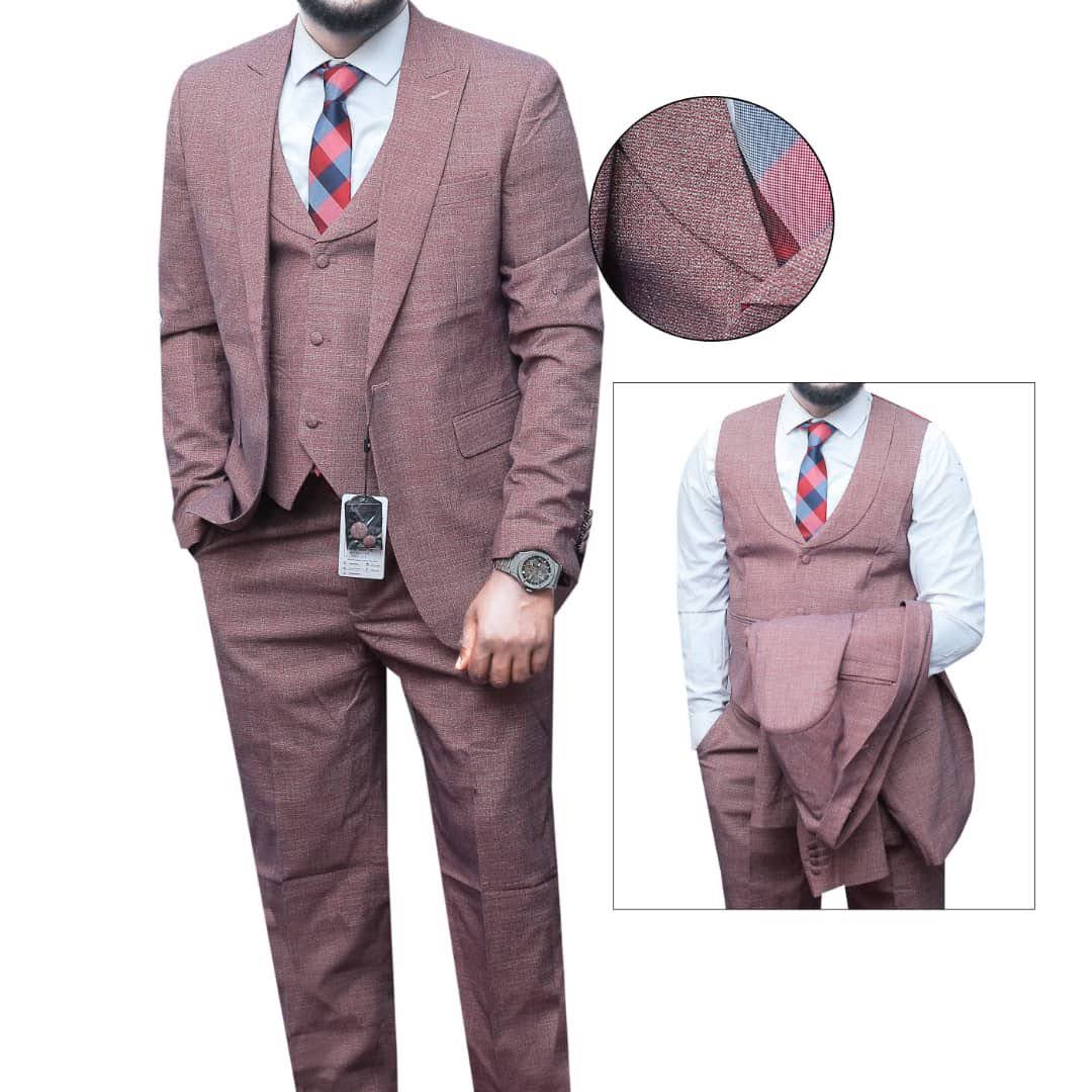 Stylish claret-red, slim-fit three-piece patterned suit