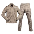 khaki tactical cargo uniform set featuring a long-sleeve multi-pocket jacket and matching utility trousers designed for outdoor training and hiking