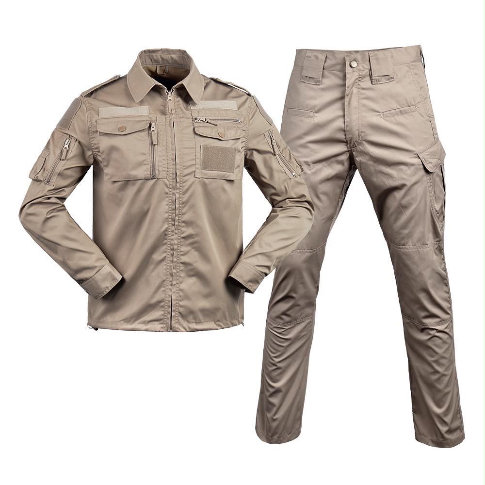 khaki tactical cargo uniform set featuring a long-sleeve multi-pocket jacket and matching utility trousers designed for outdoor training and hiking