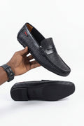 Black woven texture leather penny loafer moccasins