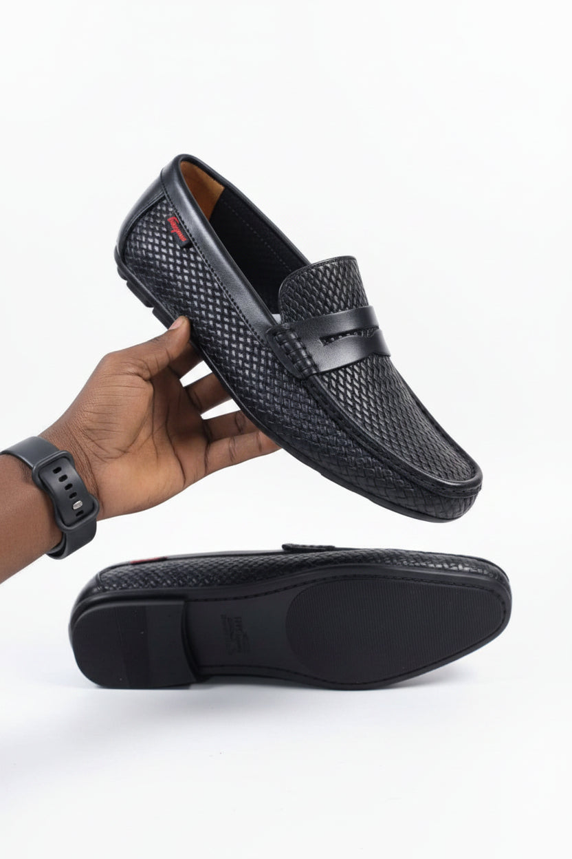 Black woven texture leather penny loafer moccasins