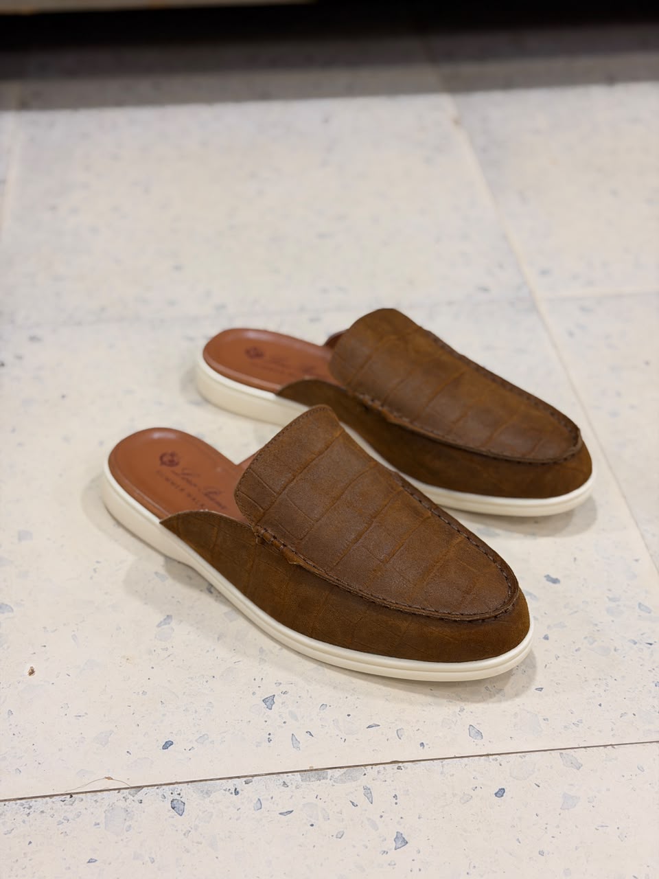 Brown crocodile-embossed suede slip-on mule