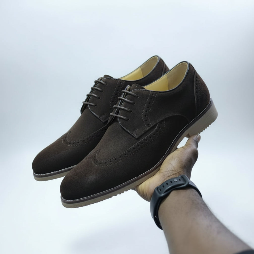 Dark brown suede wingtip brogue dress shoes