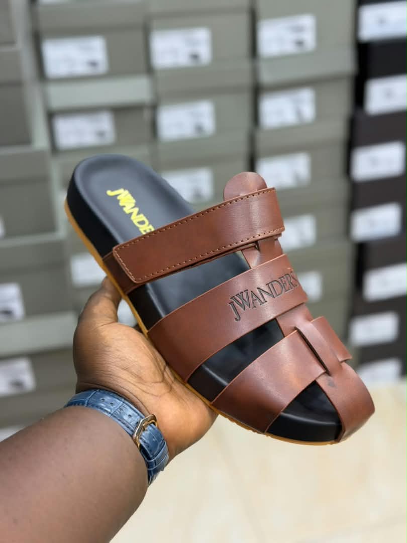JW Anderson branded Brown leather multi-strap slide sandals