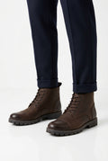 Dark brown leather cap-toe ankle boots