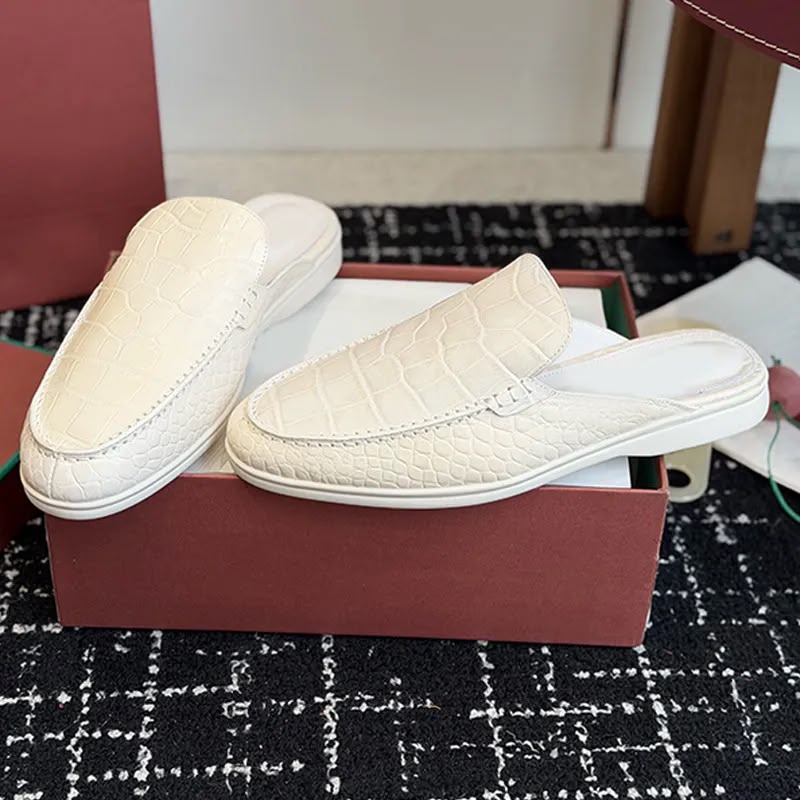 Luxury cream-white crocodile-embossed leather backless loafer mules