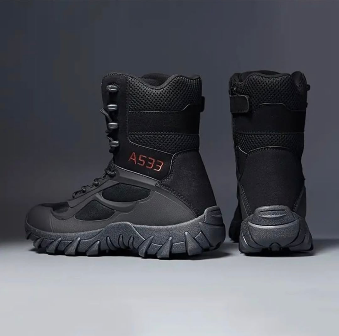Black high-top outdoor tactical and combat boot