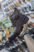 Brown textured leather high-top boots