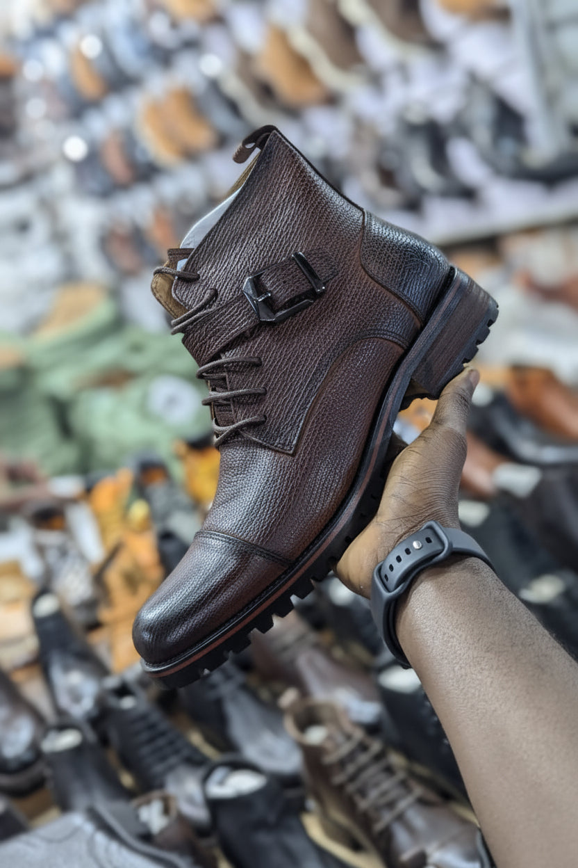 Brown textured leather high-top boots