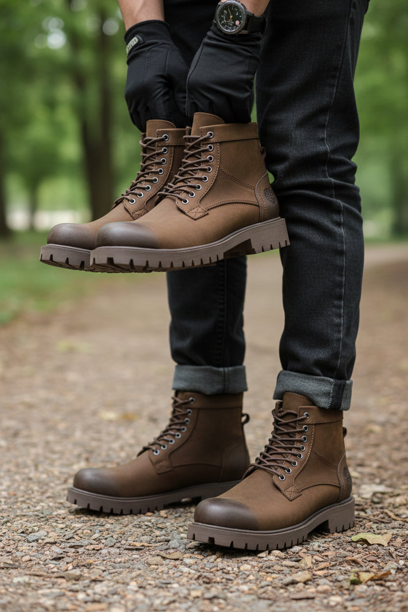 Brown Timberland lace-up boots