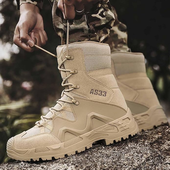 AS33 tactical boots featuring a desert khaki color and reinforced toe design.
